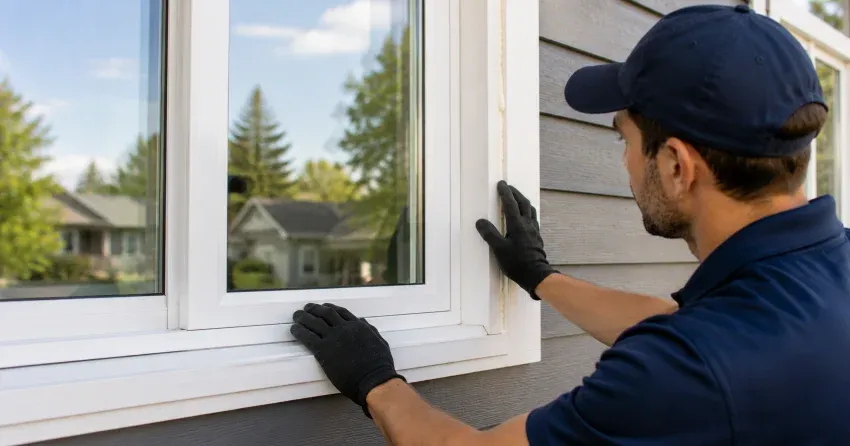 technician comparing full-frame and retrofit window replacement options in Orono