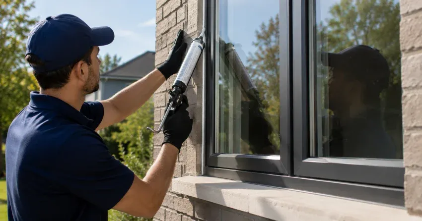 Aluminum window frame with double glazed insulated glass unit installed in a residential wall in Orono