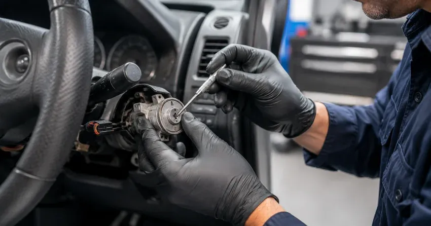 technician diagnosing an ignition lock repair issue in Orono