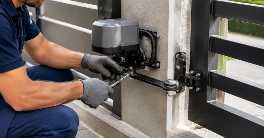 technician diagnosing automatic gate motor and control panel in Orono