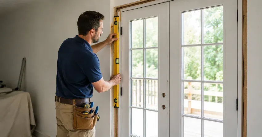 newly installed French doors with divided glass panes in Orono