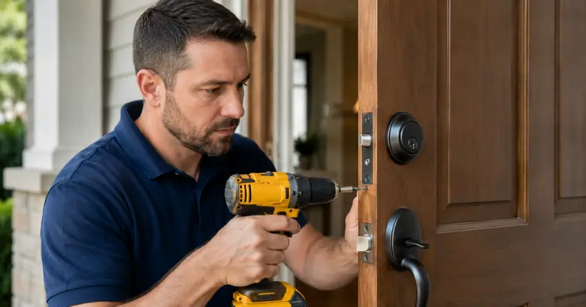 technician installing a new deadbolt during Change Door Lock Orono service