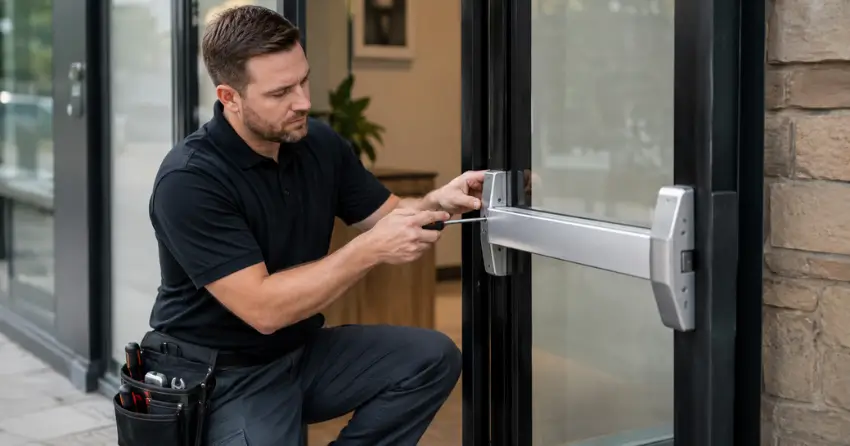 commercial locksmith repairing exit device on storefront door Orono