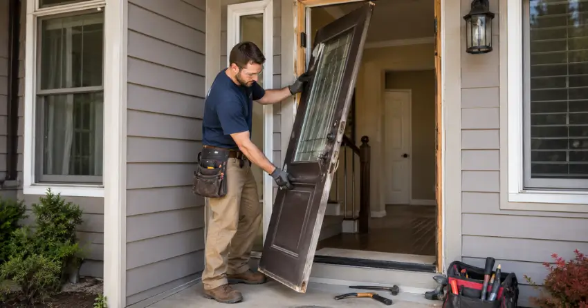 old exterior door being removed for replacement in Orono
