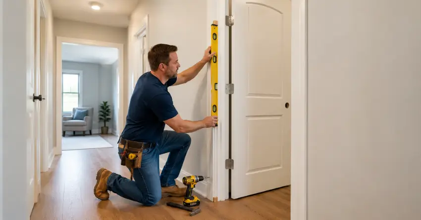technician installing a pre-hung interior door in a home hallway Orono