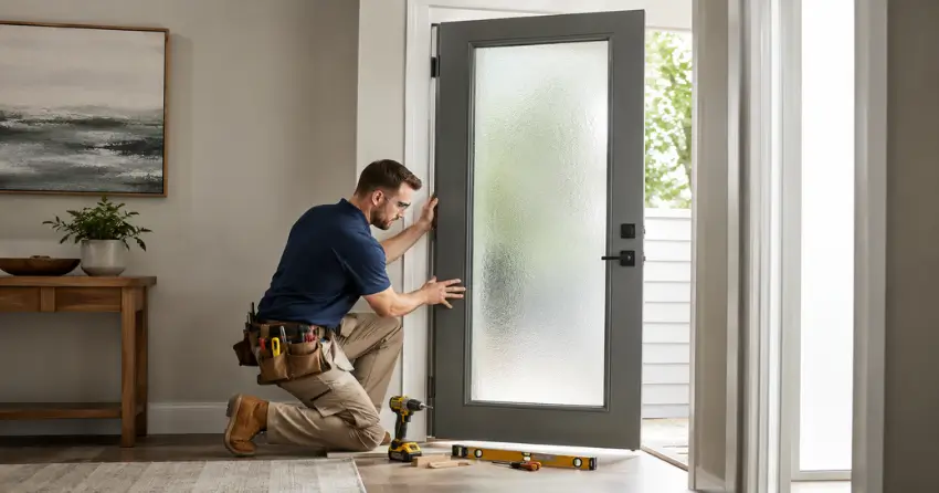 glass panel door installation with frosted privacy glass in residential setting in Orono