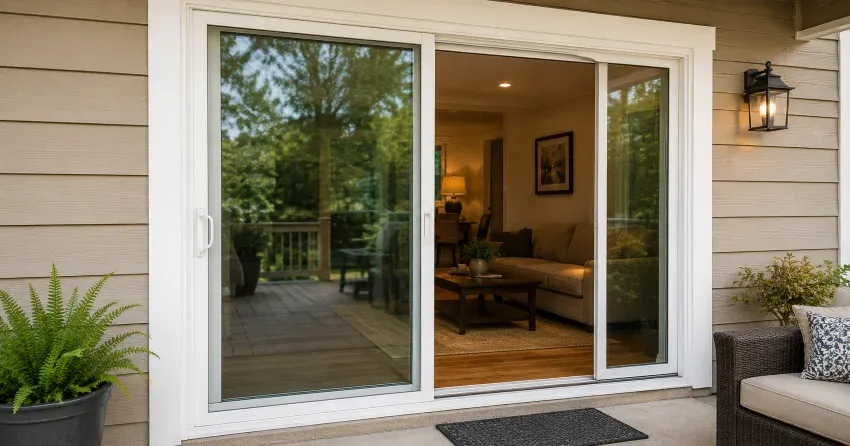 Patio Door Installation technician setting a new frame in Orono