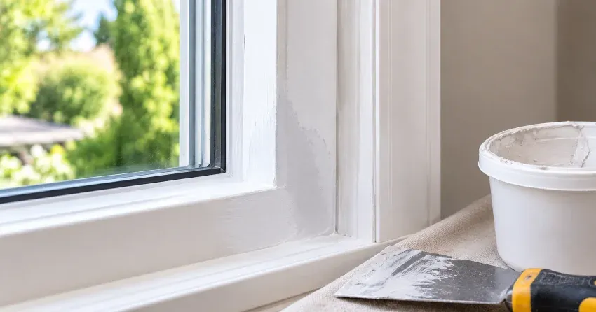 technician repairing rotted window frame corner in Orono