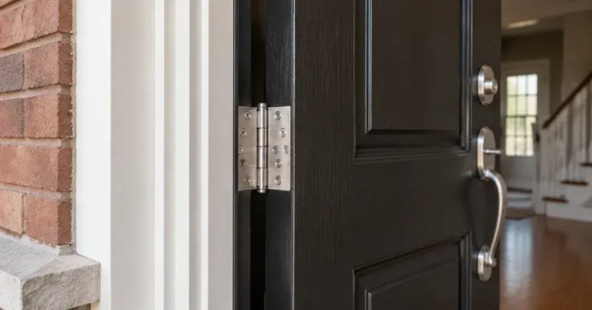 technician repairing a front door lock and frame in Orono