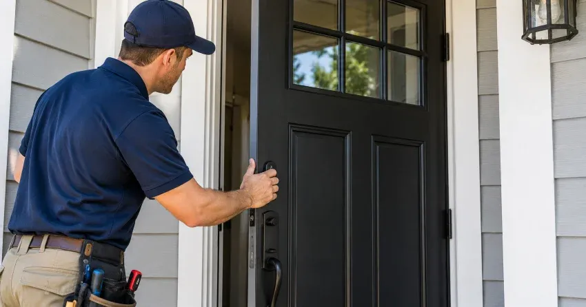 technician adjusting door hinge and strike plate in Orono home