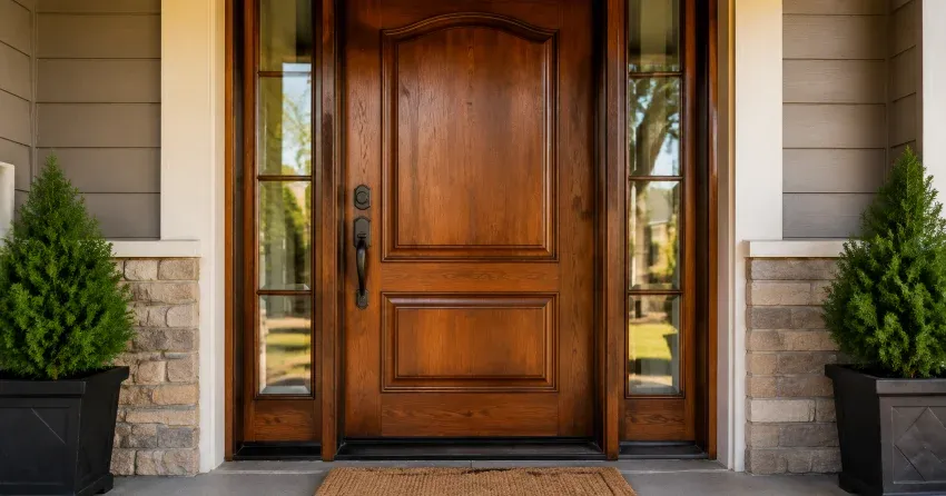 wood door mid-restoration showing stripped bare wood in Orono