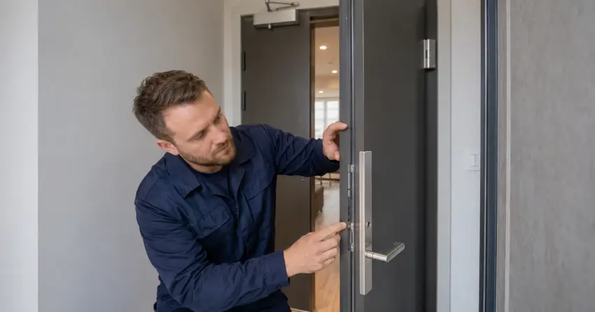 technician inspecting fire-rated door seal and hardware in Orono
