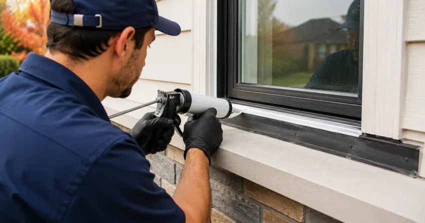 technician inspecting window flashing for leak source in Orono