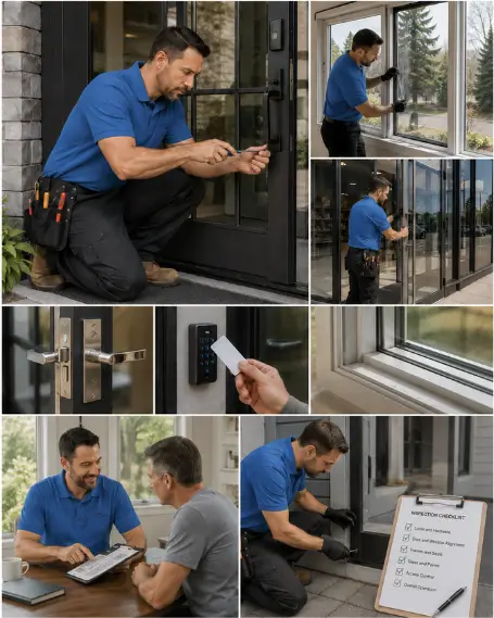 A technician checking the alignment of a replacement window during installation